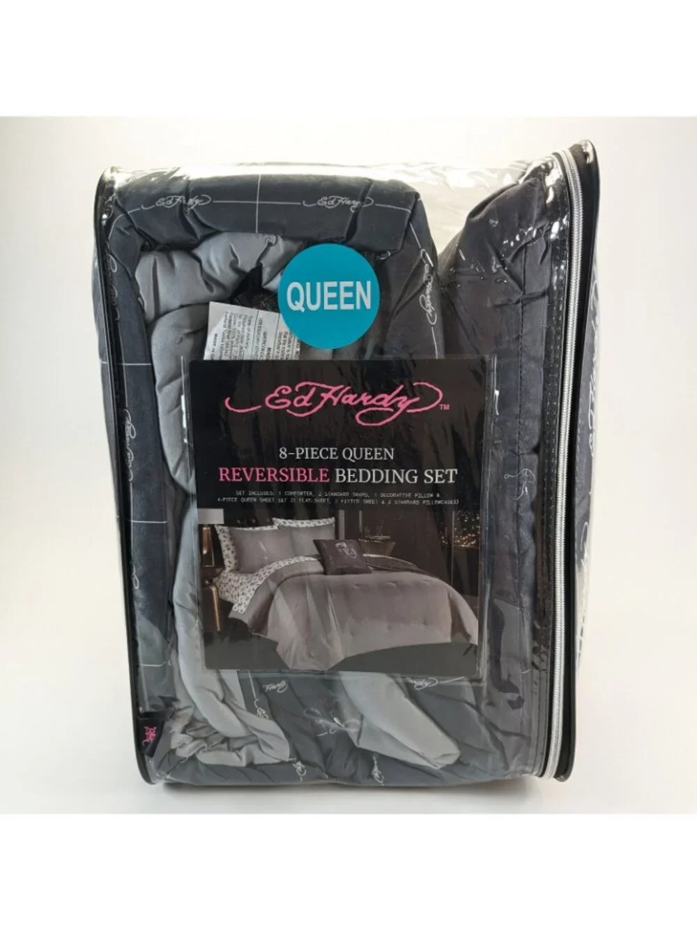Ed Hardy Queen Comforter Bed Set w Shams Pillow Sheets Black White Dice Skull